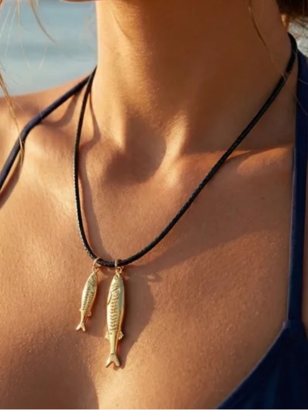 New! Coastal Black Cord Gold Fish Sardines Necklace NWOT